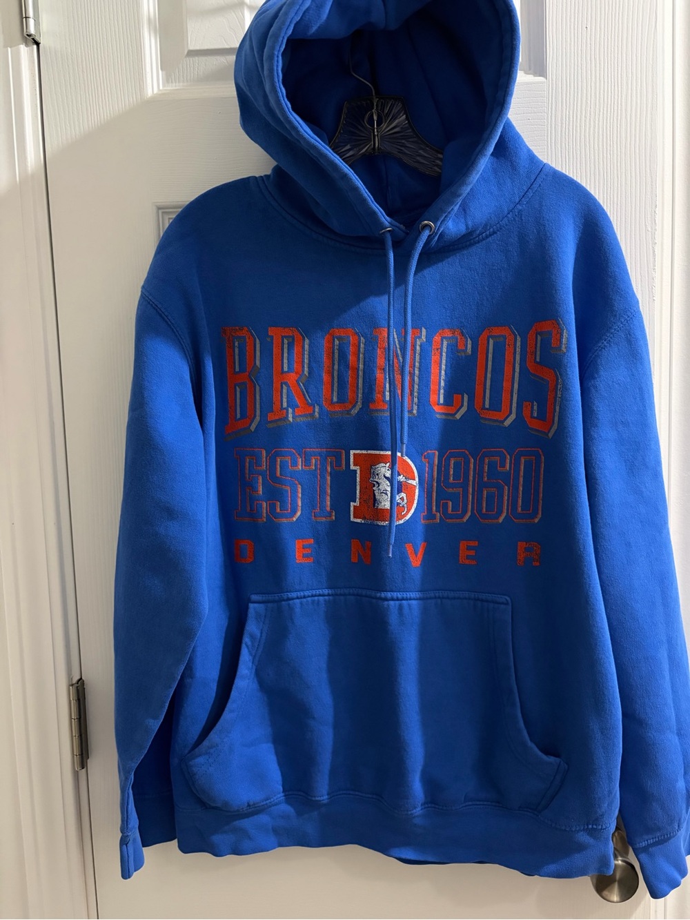 STARTER Denver Broncos Royal Blue Pullover Hoodie with Orange Lettering. Unisex